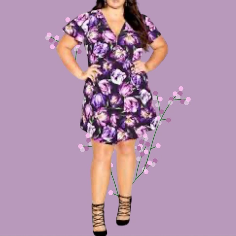 City chic beauty! Black dress with bold pretty purple and lavender floral design
